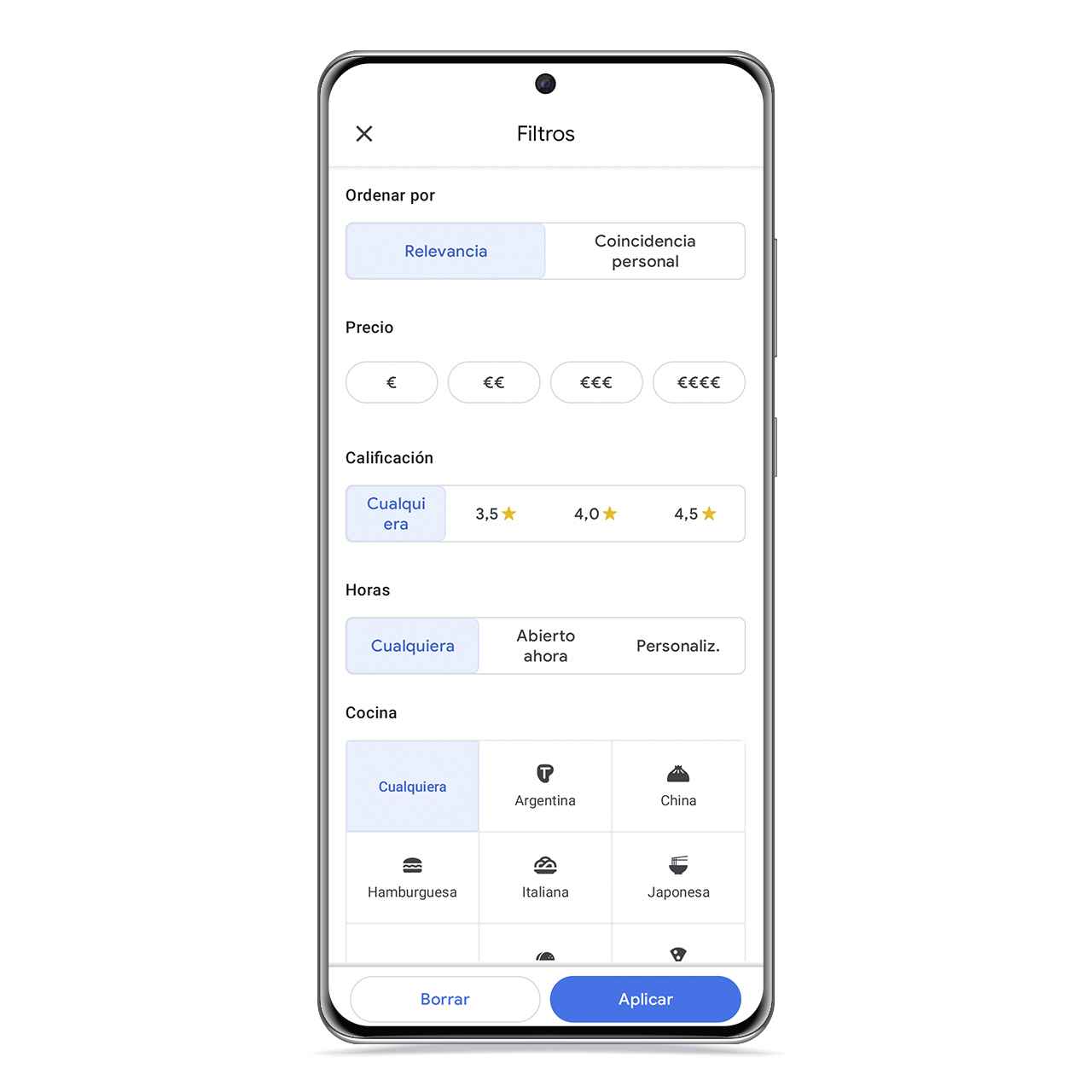 Filtros de restaurantes en Google Maps