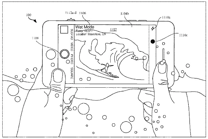 Image from the patent shows an iPhone in wet mode - Apple receives patent for technology that helps iPhone users type in the rain