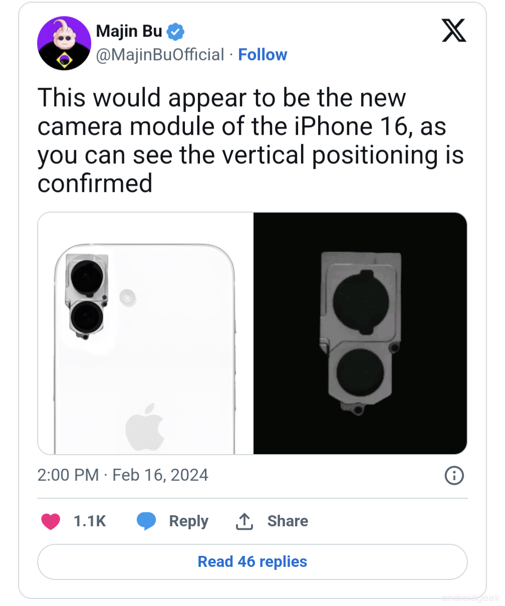 componente vazado do iphone 16 confirma rumor de mudanca nas camaras nao pro androidgeek