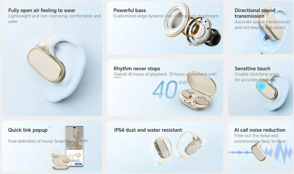 Novos Honor TiinLab Open Ear Earbuds com 40 horas de vida útil da bateria 12