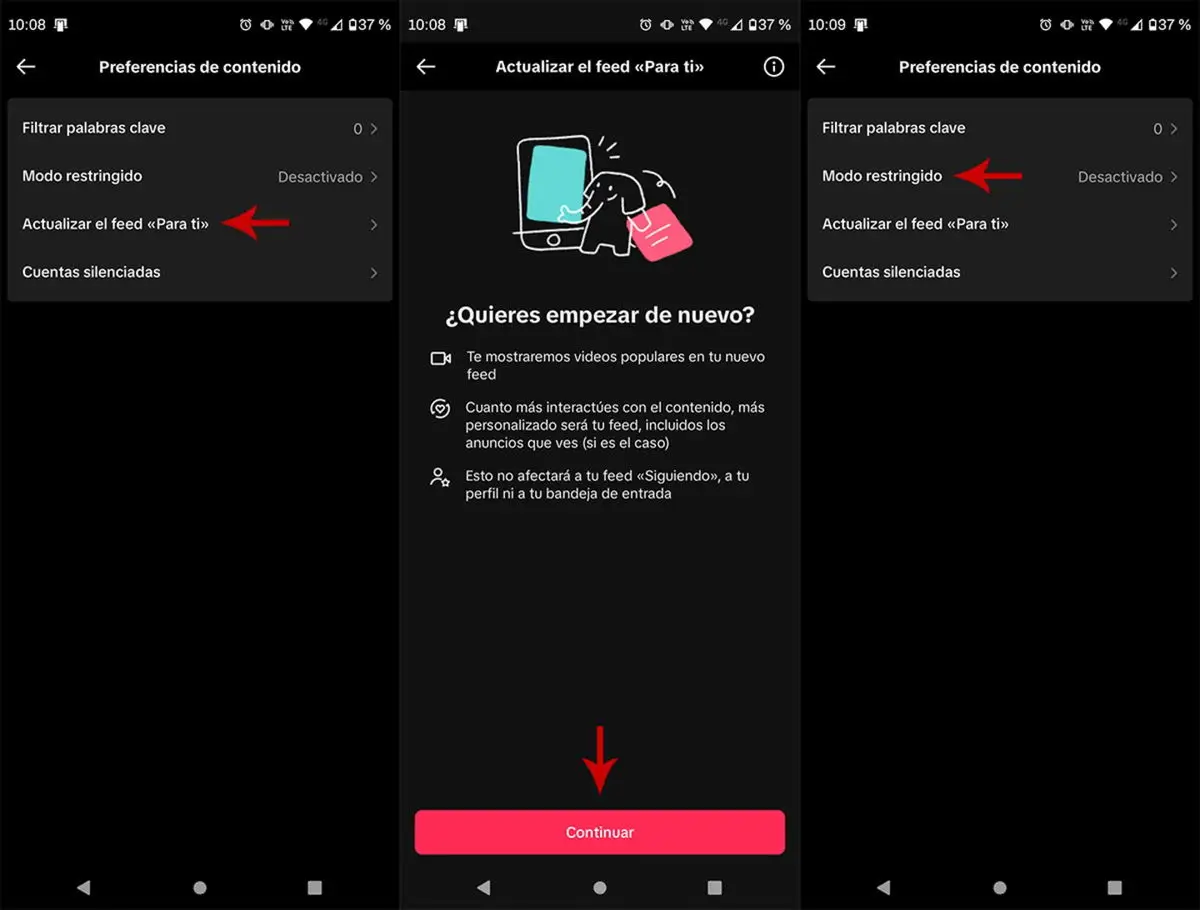 Reiniciar o Feed e activar o modo restrito em TikTok