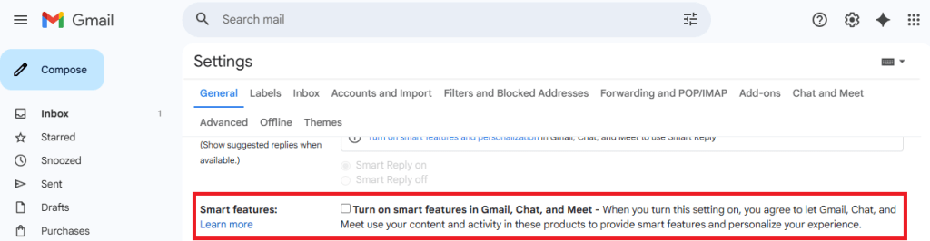 Google acusado de usar dados do Gmail para treinar IA, empresa diz que é enganoso! 3 Smart features settings