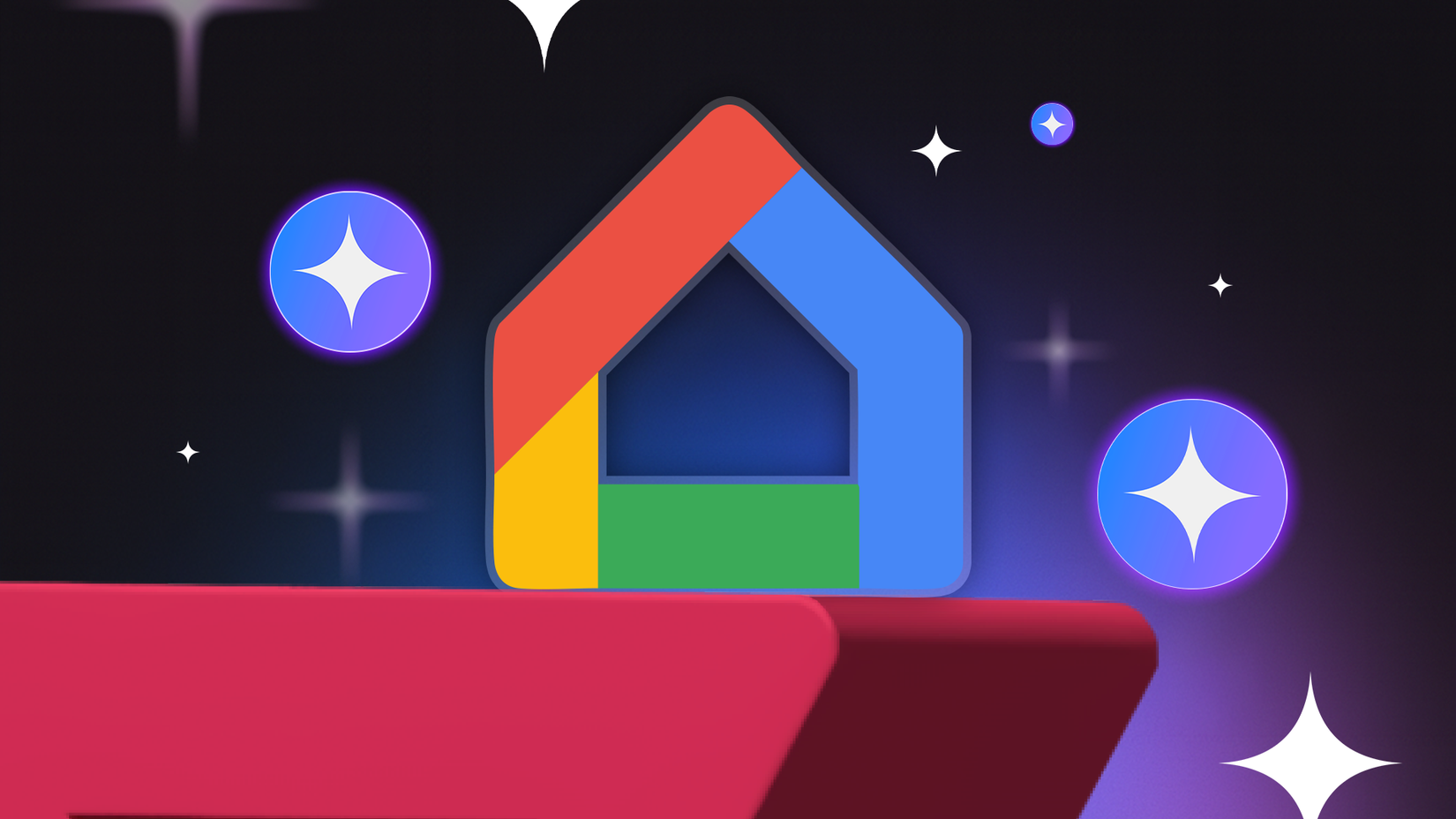 google home logo glowing on a dark background with gemini icons surrounding it androidgeek