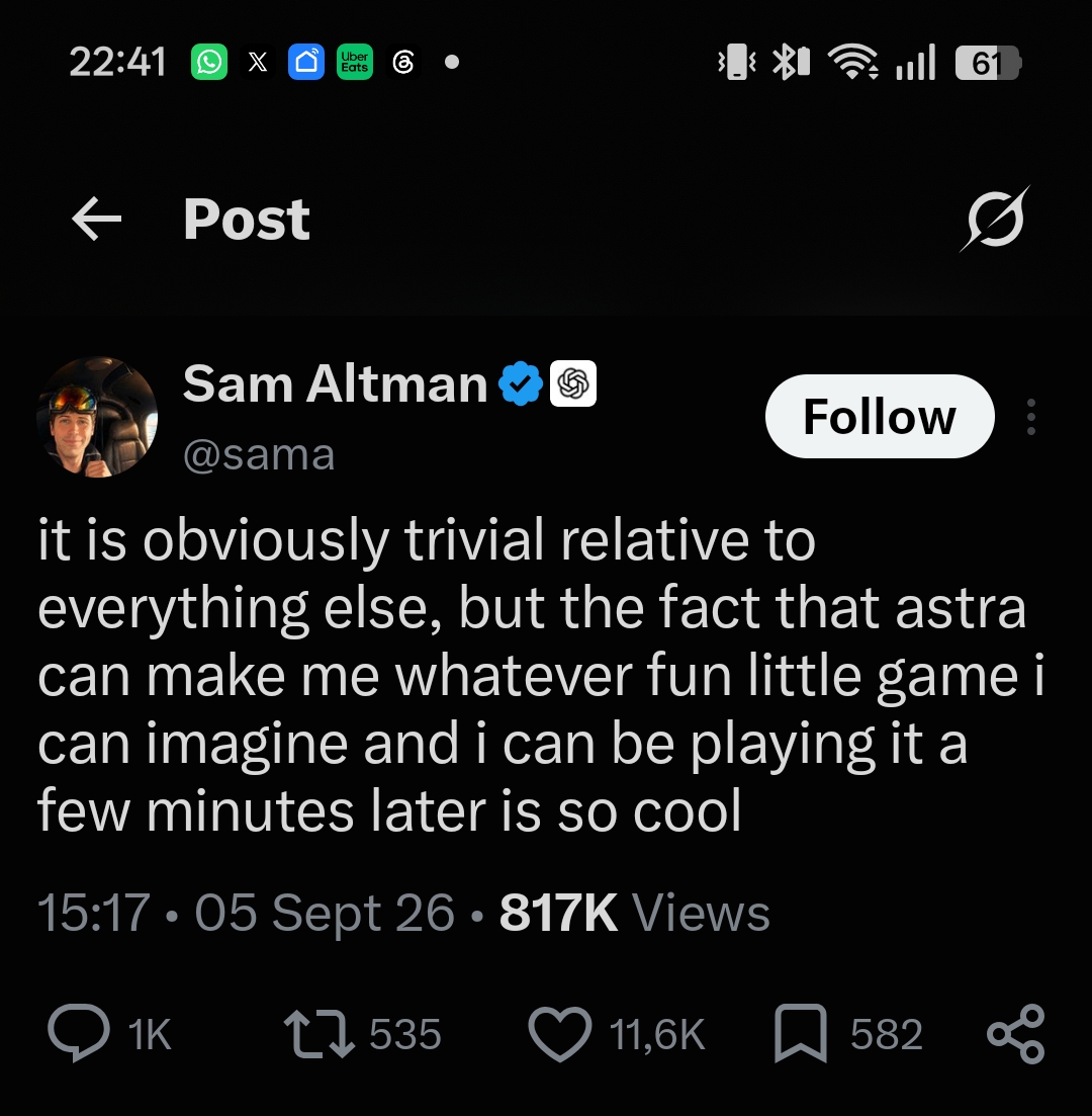 Sam Altman gaba Astra por criar jogos em minutos, mas há detalhes a confirmar